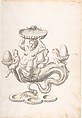 Design for Serving Piece, Erasmus Hornick Netherlandish, Pen and black ink, brush with gray and yellow wash over traces of red chalk