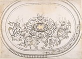 Design for a Platter with Battling Tritons and Sea Nymphs, Erasmus Hornick Netherlandish, Pen and black ink, brush with gray and yellow wash