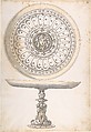 Shallow Round Dish on tall Pedestal Decorated with Fruit and Female Masks, Erasmus Hornick Netherlandish, Pen and black ink, brush and gray and yellow wash