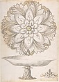 Design for Single Footed Dish with Cover Shaped like Flower and Foliage, Erasmus Hornick Netherlandish, Pen and brown ink, brush and gray and yellow wash over red chalk