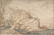 Landscape with a Road Leading Towards a Settlement on a Hill, Joos de Momper the Younger  Netherlandish, Pen and brown ink, blue watercolour