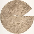 Design for a Circular Border with Nine Female Figures (the Muses?), Luca Penni  Italian, Pen and brown ink, brush and brown wash, over traces of black chalk; circular outlines done with compass, and the paper is sectioned into five fragments.
