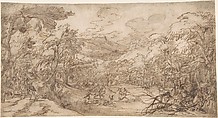 Wooded Landscape with Stag Hunt, Tobias Verhaecht (?) Netherlandish, Black chalk, pen and brown ink, brown wash