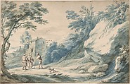 A landscape with travelers, a ruined building and a fortified town, Adriaen Fransz. Boudewijns  Flemish, Pen and brown ink, brown and blue-gray washes; framing line in pen and brown ink