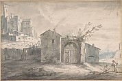 A landscape with a farm house and two figures, a fortified village seen beyond, Adriaen Fransz. Boudewijns  Flemish, Pen and brown ink, brown and blue-gray washes