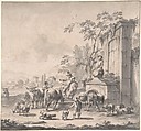 Landscape with Herdsmen, Sheep and Cows Around a Fountain, Pieter Bout Flemish, Pen and gray and black ink, brush and gray wash