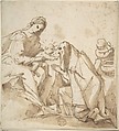 Saint Adoring the Madonna and Child, Anonymous, Italian, Roman-Bolognese, 17th century  Italian, Pen and brown ink, brush and brown wash, over charcoal on light tan paper