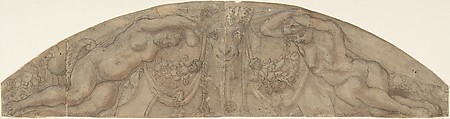 Design for a Lunette, Anonymous, Italian, 16th century Italian, Pen and brown ink, over black chalk, brown wash