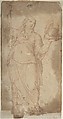 Figure Holding a Spear and a Helmet, Anonymous, Italian, 16th century Italian, Red chalk, brown wash