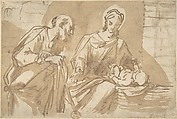 Holy Family, Anonymous, Italian, Roman-Bolognese, 17th century Italian, Pen and brown ink, brush and brown wash, over traces of charcoal? on light tan paper