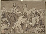 Christ Bearing the Cross, Anonymous, Italian, Roman-Bolognese, 17th century Italian, Pen and brown ink, brush and brown wash, over black chalk (?) on brown paper; framing lines in pen and brown ink