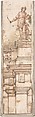 Façade (for Stage Setting), Anonymous, Italian, 16th century  Italian, Pen and brown ink, washed with red