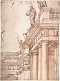 Façade (for Stage Setting), Anonymous, Italian, 16th century  Italian, Pen and brown ink, brush and red wash