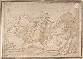 Pietà with Mary Magdalen and Saint John, Anonymous, Italian, 16th century  Italian, Pen and brown ink, brush and brown wash; framing lines in pen and brown ink
