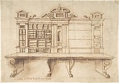 Design for a Bookcase with Writing Desk, Anonymous, Italian, 16th century  Italian, Pen and brown ink, brush and brown wash, over leadpoint