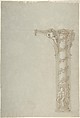 Design for the Bay of an Arcade with Female Figures at the Base and an Arch with a Putto in the Spandrel, Anonymous, Italian, 16th to 17th century Italian, Pen and brown ink, brush and brown wash, over leadpoint, and stylus ruling, on blue-gray paper
