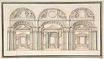 Wall Elevation with Three Chapels; Floor Plan with Columns (verso), Anonymous, Italian, late 16th century, Pen and brown ink, brush and gray wash, over black chalk underdrawing (recto); pen and brown ink, over ruled black chalk lines (verso)