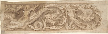 Frieze with Rinceaux and Putti, Anonymous, Italian, 16th century  Italian, Pen and brown ink, brush and brown wash, over traces of black chalk