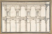 Design for a Façade (unfinished), Anonymous, Italian, late 16th century Italian, Pen and brown ink, brush and gray wash, over black chalk
