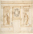 Elevation of a wall with partial pilasters, reliefs, and niche figures, Anonymous, Italian?, 16th century Italian, Pen and brown ink, brush and brown wash, over traces of leadpoint (?) underdrawing