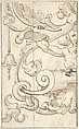 Fragment of Ornamental Drawing after the Antique; Half-harpy with Acanthus Rinceaux, Andrés de Melgar Spanish, Pen and brown ink, brush with gray wash, over metalpoint