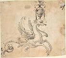 Winged Hippocamp supporting a Vase (recto); Figure Studies and Architectural Design (verso), Anonymous, Italian, 16th to early 17th century, Pen and brown ink, brush and brown wash, over red chalk (recto); pen and brown ink, brush and gray wash, over red chalk.