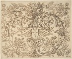 Design for a Decroative Panel with a Hybrid Figure from which Two Tendrils Emerge, Anonymous, Italian, 16th to 17th century  Italian, Pen with light and dark brown ink, over black chalk, framing lines in black chalk