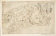 Part of a Circular Frieze with a Sphynx and a Putto with a Hybrid Creature, Anonymous, Italian, 16th to 17th century Italian, Pen and brown ink, with isolated strokes of brush and gray wash