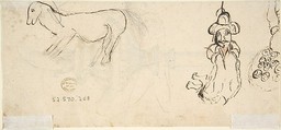 Design for a Rattle and Whistle (recto); Crude Sketches of an Equine Animal and a Figure in Exotic Costume (verso), Anonymous, Italian, 16th century (Italian, active Central Italy, ca. 1550–1580), Pen and brown ink, with a plumbline in leadpoint; red chalk (unrelated sketches)