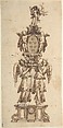 Design for a (Temporary?) Structure consisting of Two Angels carring the Medici Coat of Arms crowned by the Figure of Christ, Anonymous, Italian, 16th to early 17th century  Italian, Pen and brown ink, brush and brown wash; point of brush and bodycolor (in coat of arms)