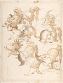 Designs for Nine Helmets (recto); Designs for Seven Helmets (verso), Anonymous, Italian, 16th century (Italian, active Central Italy, ca. 1550–1580), Pen and brown ink, brush and brown wash