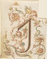 Decorative Letter "I" with Putti (Embroidery Design?), Anonymous, Italian, 16th century  Italian, Pen and brown ink, watercolor, on vellum