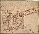 Studies for a Crucifixion, Alessandro Casolani Italian, Pen and brown ink, brush and brown wash, over red chalk; framing lines in pen and brown ink