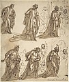 Six Studies of a King for an Adoration, Anonymous, Italian, Venetian, 16th century  Italian, Pen and brown ink, brush and brown wash