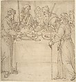 Four Travelers Sharing a Meal?, Anonymous, Italian, mid-16th century Italian, Pen and brown ink over traces of leadpoint