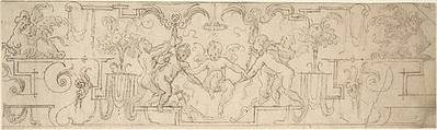 Decorative Frieze with Putti Playing on a Swing, Anonymous, Italian, 16th century  Italian, Pen and brown ink, over traces of black chalk