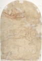 Saint Roch Recommending a Woman with a Sick Child to the Virgin (recto); Figure of a Man Holding a Book; Nude Figure of a Man (verso), Anonymous, Italian, 16th century (Italian, active Central Italy, ca. 1550–1580), Pen and brown ink on cream-colored paper (recto).  Traces of framing outlines in the form of an arch in pen and brown ink apparently by artist.  Top has been trimmed to form an arch (recto); nude studies, one in red chalk and one in black chalk (verso)