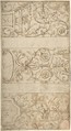 Antique-Style Ornamental Frieze Design: Lettered Panels, Rinceaux, and Masks, Anonymous, Italian, 16th century Italian, Pen and two color brown inks, over traces of leadpoint