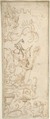 Antique-Style Ornamental Oblong Design: Grotesque Figures, Masks, and Amphorae, Anonymous, Italian, 16th century Italian, Pen and two colors of brown ink, over traces of leadpoint