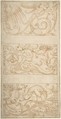 Antique-Style Ornamental Frieze Designs: Grotesques with Winged Infant, Masks, and Fantastic Animals, Anonymous, Italian, 16th century Italian, Pen and brown ink, over leadpoint
