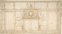 Project for Interior Wall with Fireplace, Anonymous, Italian, 16th century  Italian, Pen and brown ink, brush and brown wash, over ruled lines in black chalk or graphite