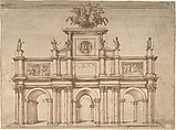 Design for a Triumphal Arch with Three Arches, Anonymous, Italian, 16th century  Italian, Pen and brown, brush and brown wash; over ruled stylus lines