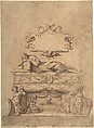 Tomb Design with Reclining Figure on Sarcophagus, Anonymous, Italian, 16th century  Italian, Pen and brown ink, brush and brown wash