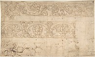 Ornamental Design after the Antique; Bands of Acanthus Rinceaux, Figurated Palmettes, and Shell Cartouches, Anonymous, Italian, 15th to 16th century  Italian, Pen and brown ink, brush and brown wash, over leadpoint (?) underdrawing