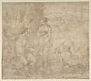 Apollo and Galatea in a Landscape with Neptune and Three Nymphs, Orazio Samacchini  Italian, Pen and brown ink, brush and brown wash, over black chalk; squared in black chalk (with some corrections to squaring grid); traces of framing outlines in pen and dark brown ink