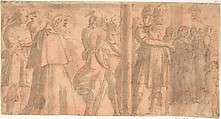 Study of a Scene of Martyrdom, Anonymous, Italian, 16th century  Italian, Pen and brown ink, brush and brown wash on red washed paper
