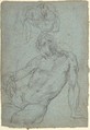 Studies of a Seated Nude Male Figure, Giulio Cesare Procaccini Italian, Black chalk on blue paper