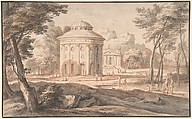Landscape with Two Classical Temples and Figures, Jan Frans van Bloemen  Flemish, Brush and gray and brown wash, over red chalk