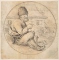 Seated Old Man Holding a Pipe, Anton Crussens Flemish, Pen and brown ink, black chalk. Inscribed in a double roundel drawn in pen and brown ink.