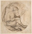 Seated Old Man Facing Right, Singing and Holding Music, Anton Crussens Flemish, Pen and brown ink over black chalk. Inscribed in a roundel in pen and brown ink.